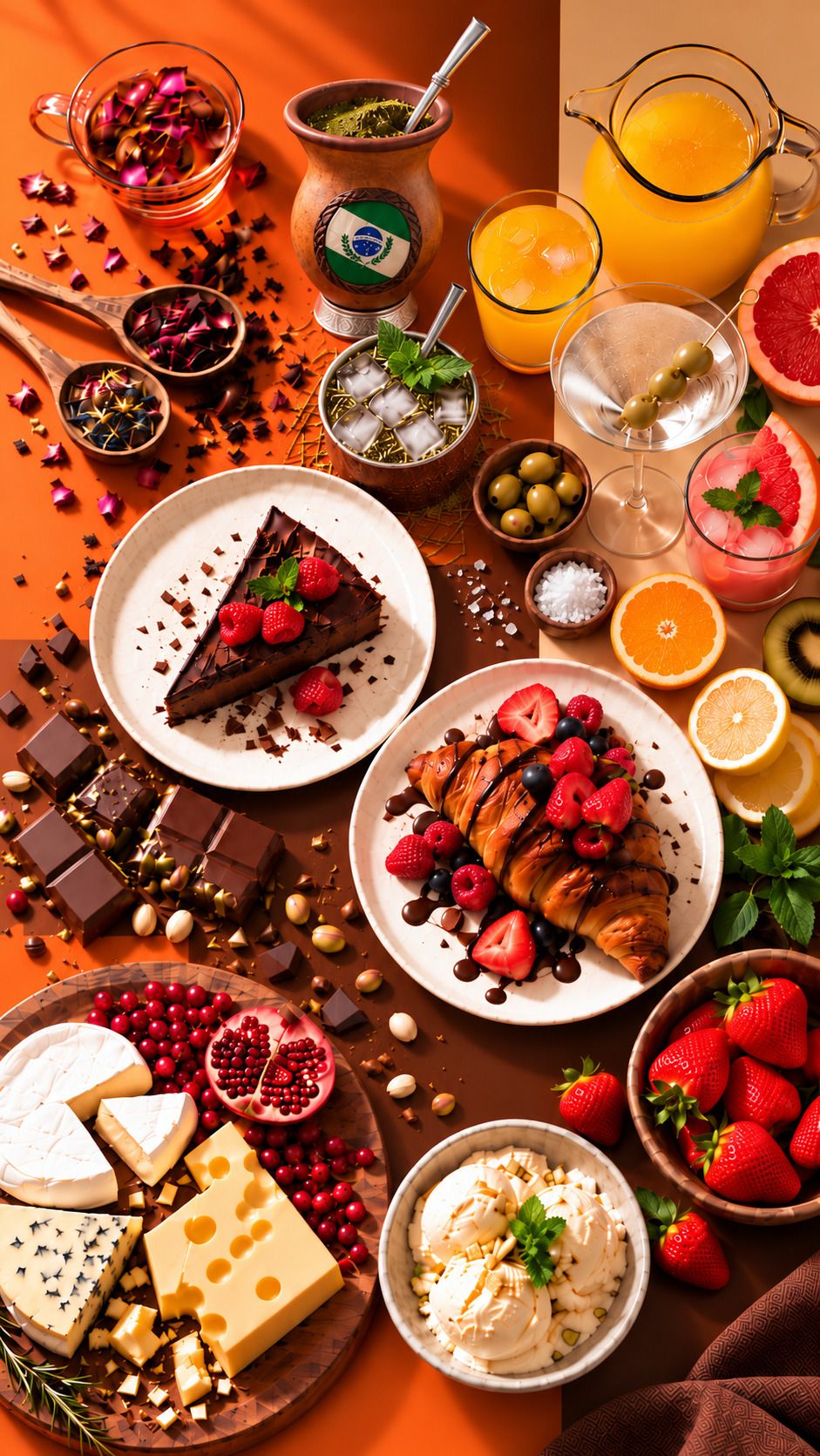 Mesa vista de cima com chás, cuias de chimarrão e tereré, sucos, dry martini com azeitonas, drinque de toranja, bolo de chocolate, croissant com frutas vermelhas, chocolate com pistache, tábua de queijos, sorvete e morangos: produtos que recebem os aromas da FIC