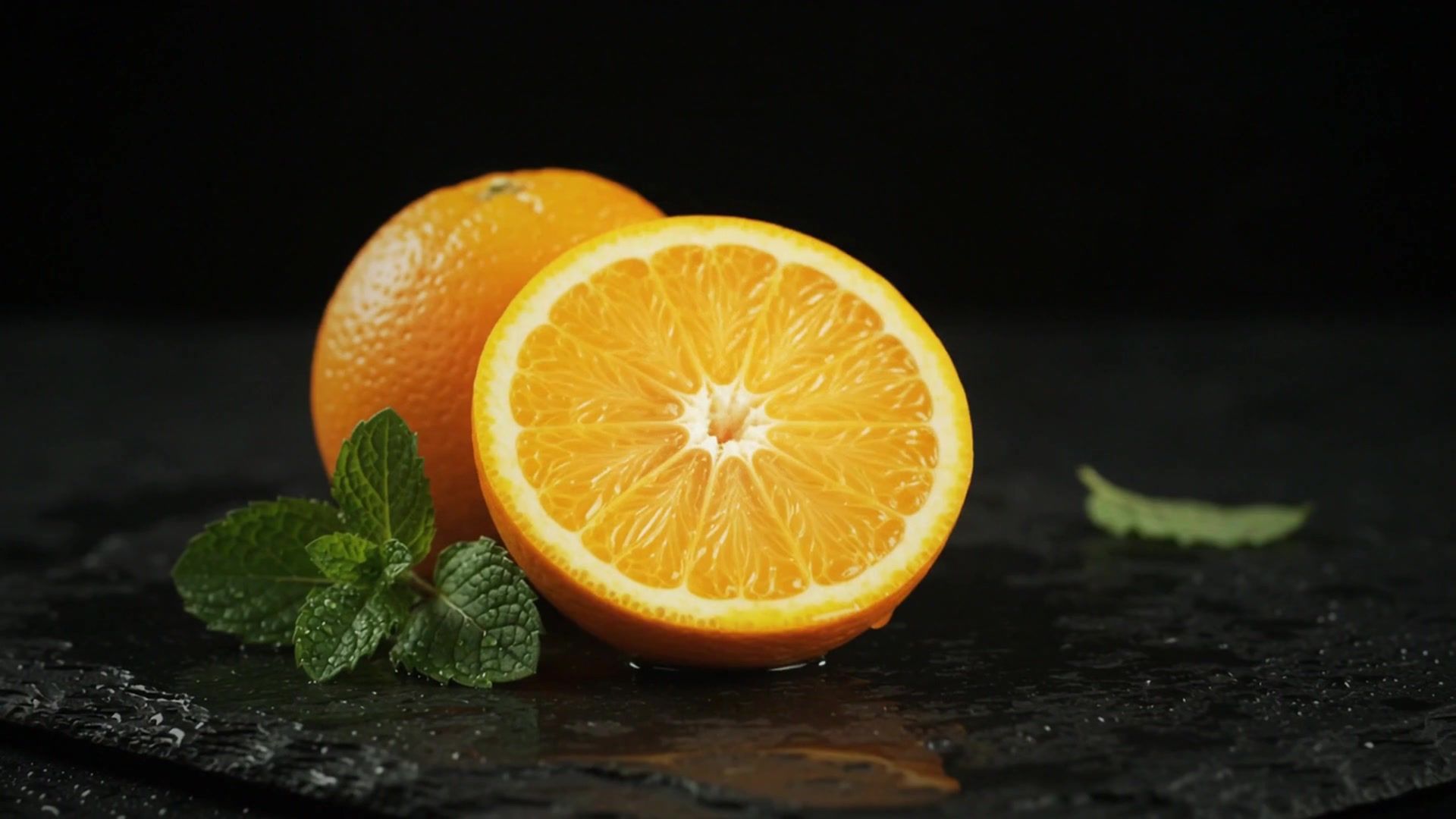 Naranja cortada por la mitad junto a una naranja entera y hojas de menta